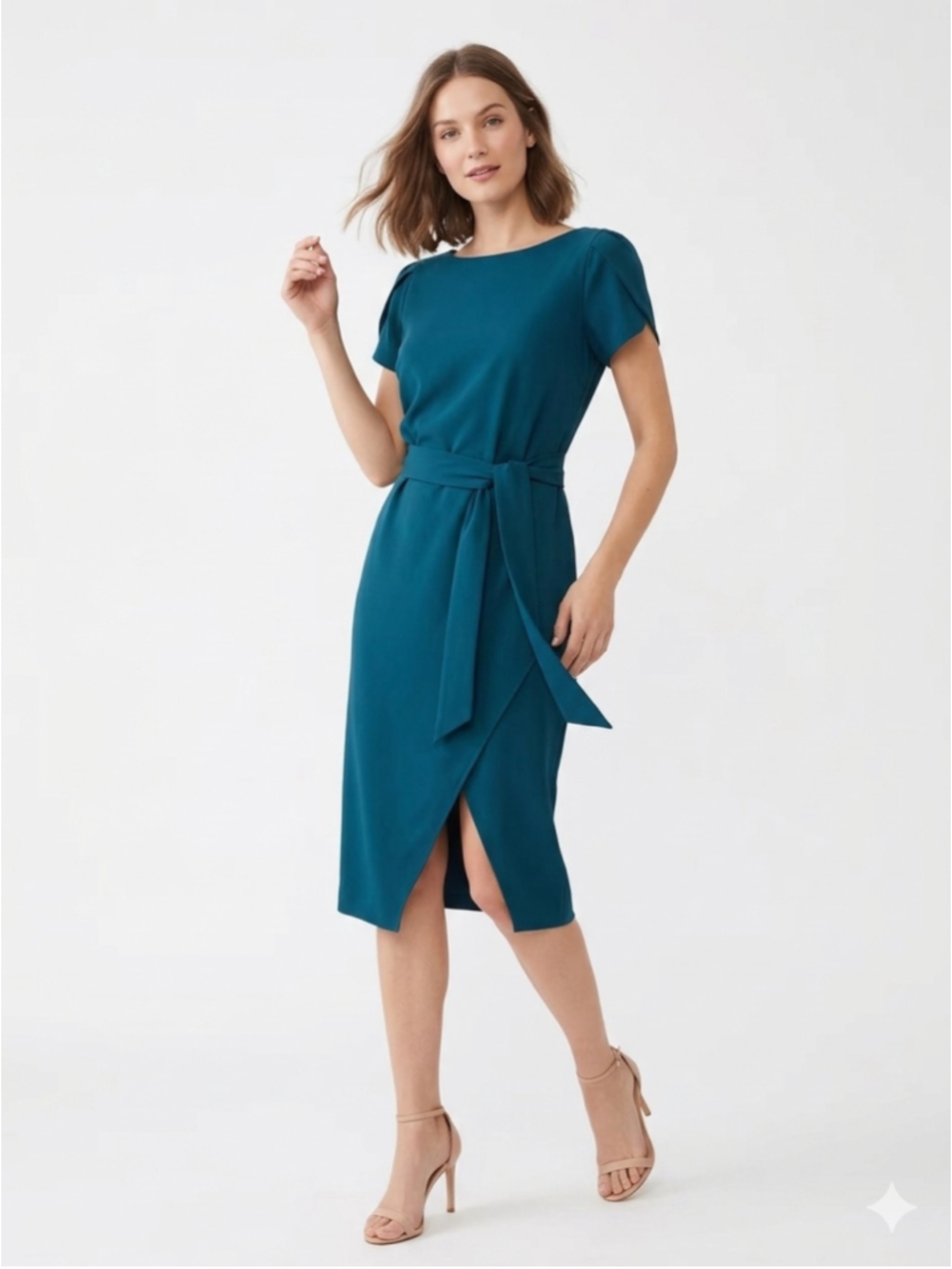 Women's Kensie Teal Blue Envelope Hem Sheath Dress Pleated Shoulder Size 14